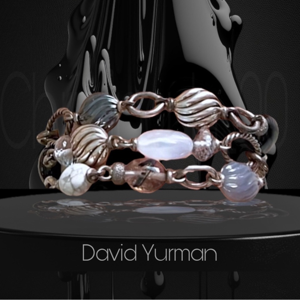 David Yurman multi-strand Briola Onyx Pearl Quartz stone station toggle bracelet
